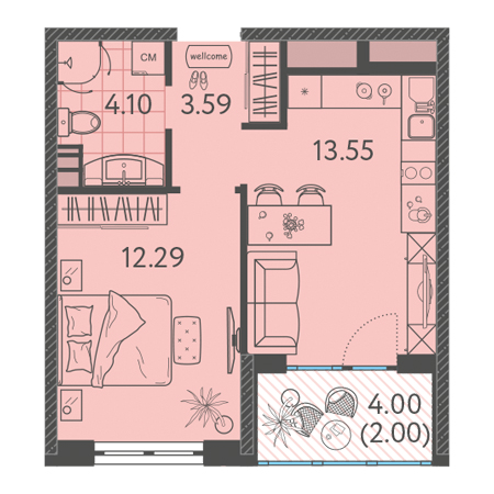 1 комнатная 35.53м²