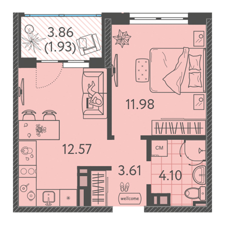 1 комнатная 34.19м²