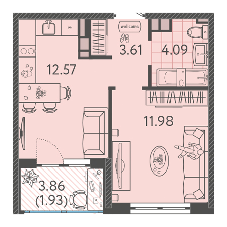 1 комнатная 34.18м²