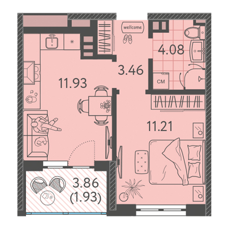 1 комнатная 32.61м²