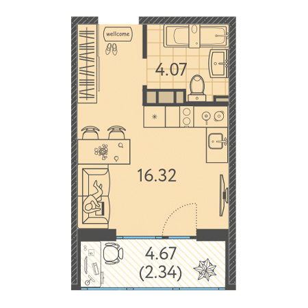 Студия 22.73м²