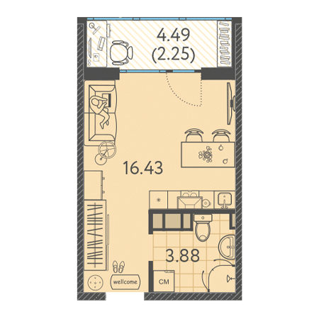 Студия 22.56м²