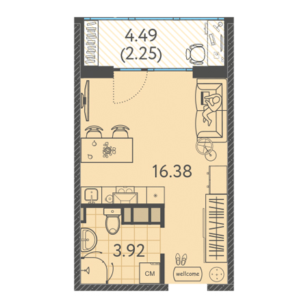 Студия 22.55м²