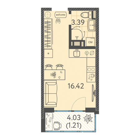 Студия 21.02м²