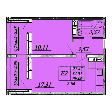 1 комнатная 39.06м²