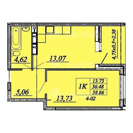 1 комнатная 38.86м²