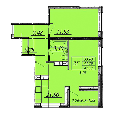 2 комнатная 47.17м²