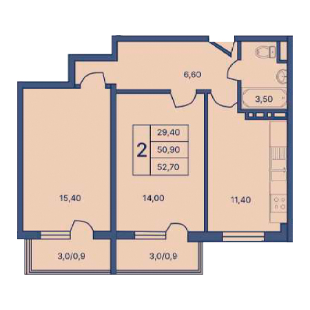 2 комнатная 52.70м²