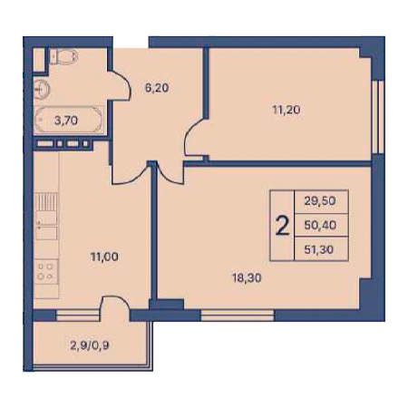 2 комнатная 51.30м²