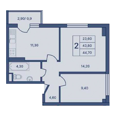 2 комнатная 44.70м²