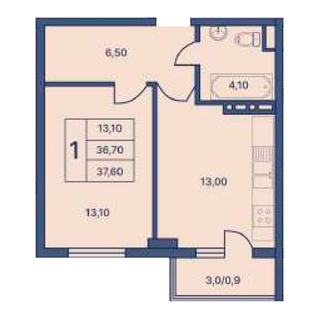 1 комнатная 37.60м²