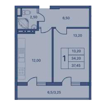 1 комнатная 37.45м²