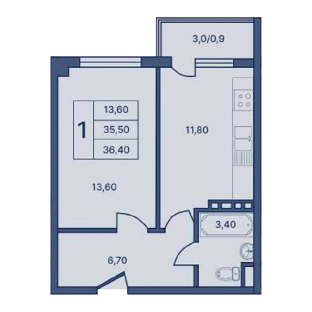 1 комнатная 36.40м²