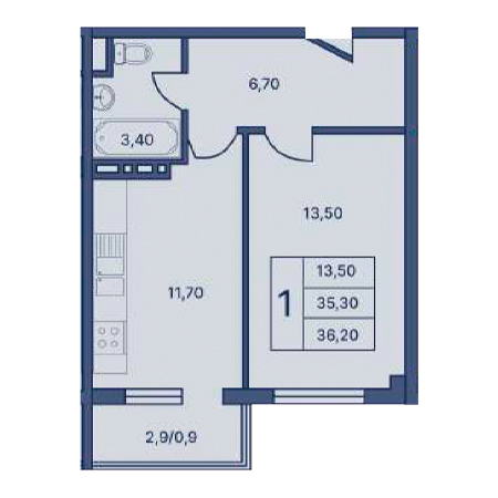 1 комнатная 36.20м²