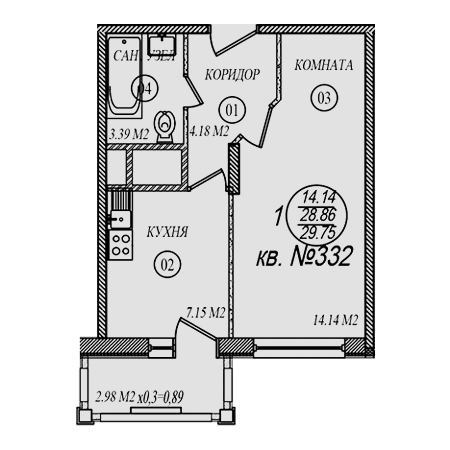 1 комнатная 29.75м²