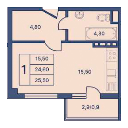 1 комнатная 25.50м²