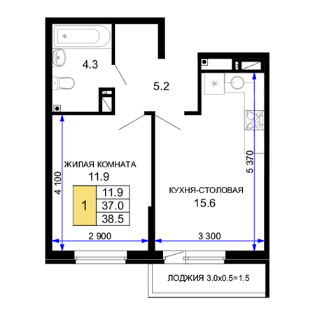 1 комнатная 38.5м²