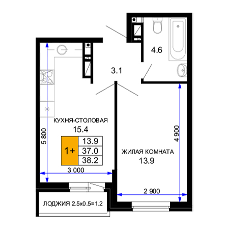 1 комнатная 38.2м²