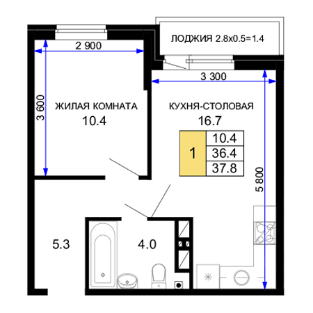 1 комнатная 37.8м²