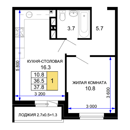 1 комнатная 37.8м²