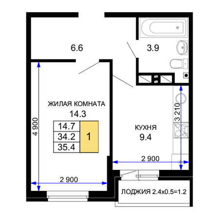 1 комнатная 35.4м²