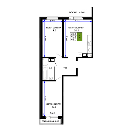 2 комнатная 63м²