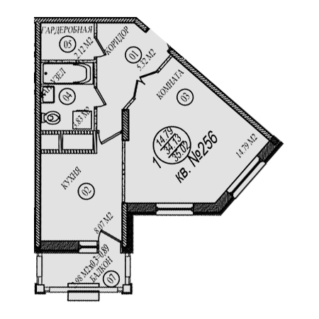 1 комнатная 35.02м²