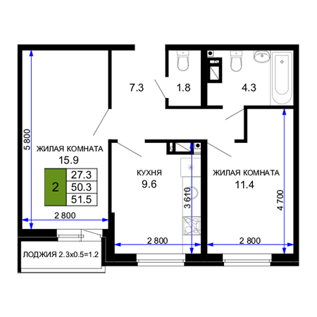 2 комнатная 51.5м²