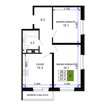 2 комнатная 51.4м²