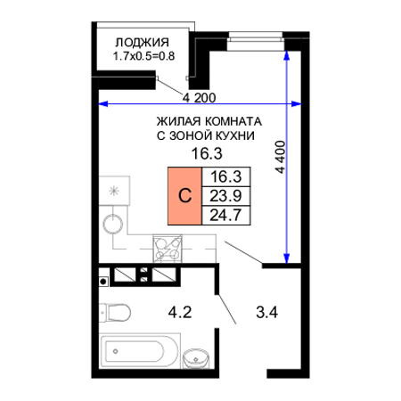 Студия 24.7м²