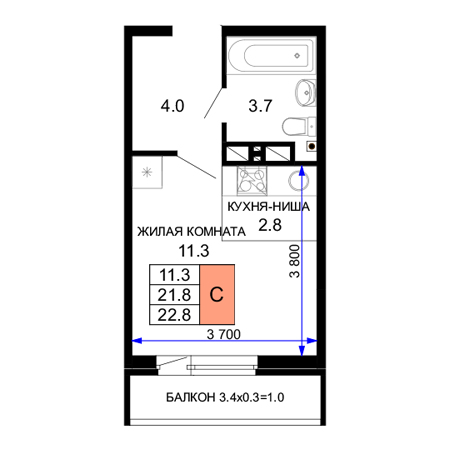 Студия 22.8м²