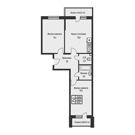 2 комнатная 61.1м²