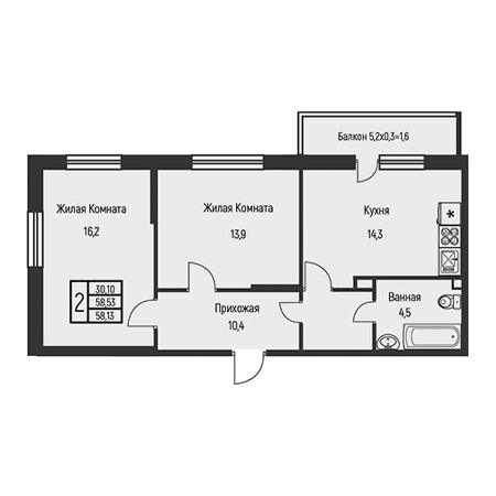 2 комнатная 58.13м²