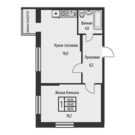 1 комнатная 46.1м²