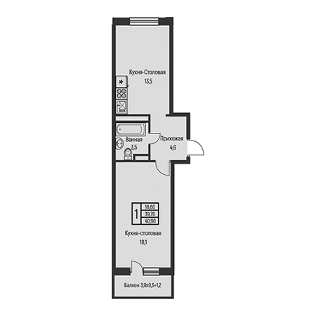 1 комнатная 40.9м²