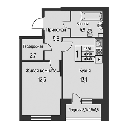 1 комнатная 40.4м²