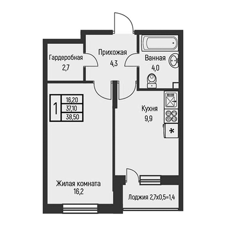 1 комнатная 38.5м²