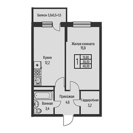 1 комнатная 40.3м²