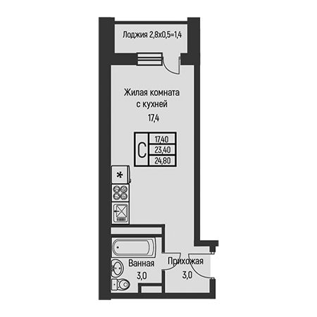 Студия 24.8м²