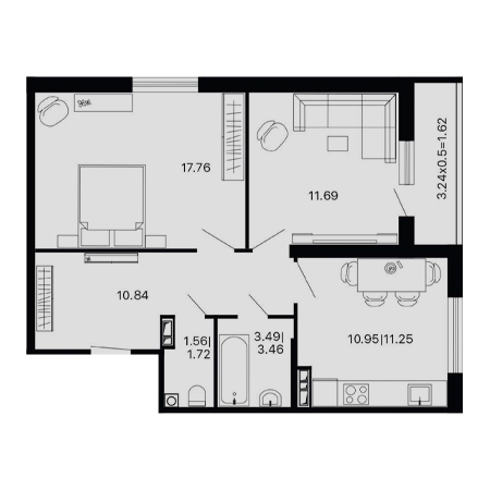 2 комнатная 58.34м²