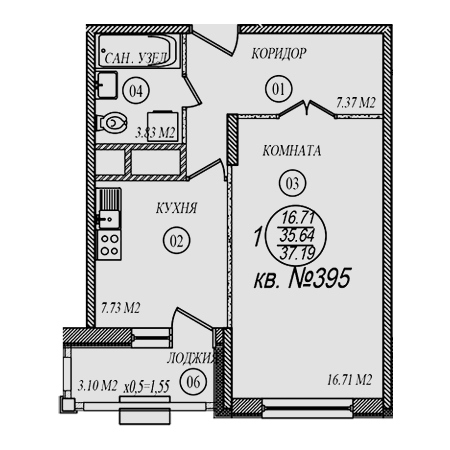 1 комнатная 37.19м²