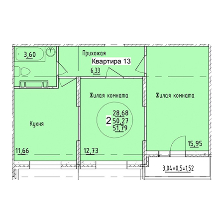 2 комнатная 51.79м²