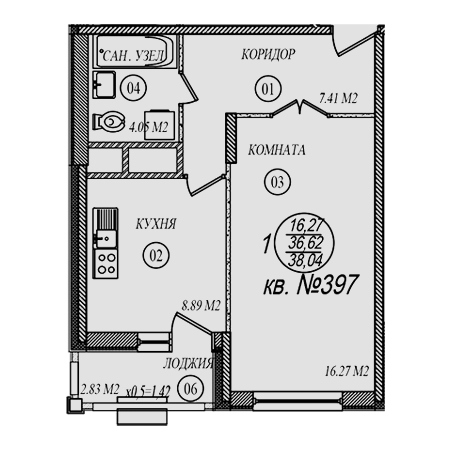 1 комнатная 38.04м²