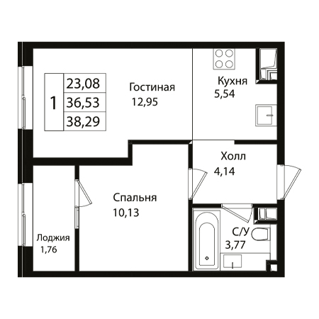 1 комнатная 38.29м²