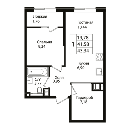 1 комнатная 43.34м²