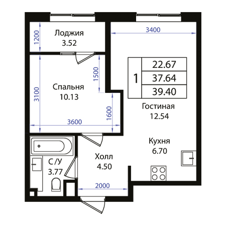 1 комнатная 39.4м²