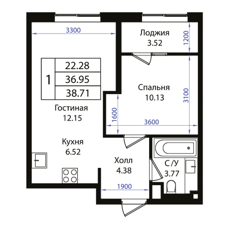 1 комнатная 38.71м²