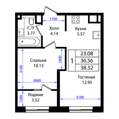 1 комнатная 38.32м²