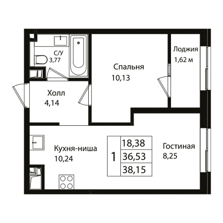 1 комнатная 38.15м²