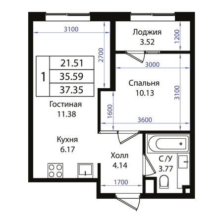 1 комнатная 37.35м²